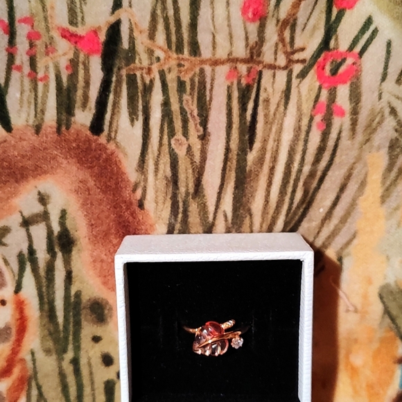 NIB Pandora 14K Rose Gold Plated Over Silver Pink Murano Glass CZ Leaf Ring - Picture 2 of 4